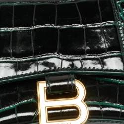 Pre Owned Balenciaga Hourglass XS Dark Green Croc Embossed Leather Top Handle Bag