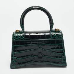 Pre Owned Balenciaga Hourglass XS Dark Green Croc Embossed Leather Top Handle Bag