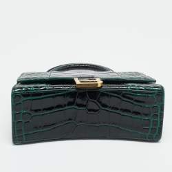 Pre Owned Balenciaga Hourglass XS Dark Green Croc Embossed Leather Top Handle Bag