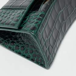 Pre Owned Balenciaga Hourglass XS Dark Green Croc Embossed Leather Top Handle Bag
