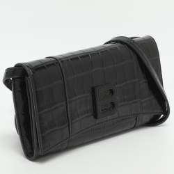 Pre Owned Balenciaga Hourglass Black Croc Embossed Leather Clutch Bag