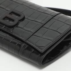 Pre Owned Balenciaga Hourglass Black Croc Embossed Leather Clutch Bag