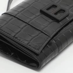 Pre Owned Balenciaga Hourglass Black Croc Embossed Leather Clutch Bag