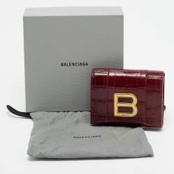 Pre Owned Balenciaga Hourglass Burgundy Croc Embossed Leather Trifold Wallet