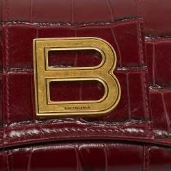 Pre Owned Balenciaga Hourglass Burgundy Croc Embossed Leather Trifold Wallet
