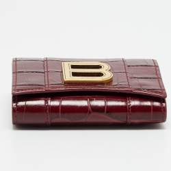 Pre Owned Balenciaga Hourglass Burgundy Croc Embossed Leather Trifold Wallet