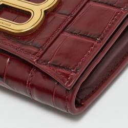 Pre Owned Balenciaga Hourglass Burgundy Croc Embossed Leather Trifold Wallet