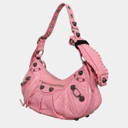 Pre Owned Balenciaga Small Pink Croc Embossed Leather Le Cagole Shoulder Bag