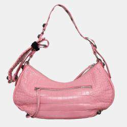 Pre Owned Balenciaga Small Pink Croc Embossed Leather Le Cagole Shoulder Bag