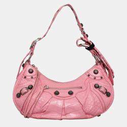 Pre Owned Balenciaga Small Pink Croc Embossed Leather Le Cagole Shoulder Bag
