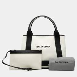 Pre Owned Balenciaga Black White Canvas Navy Cabas Tote S