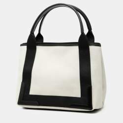 Pre Owned Balenciaga Black White Canvas Navy Cabas Tote S