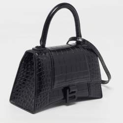 مملوكة مسبقًا حقيبة بالنسياغا أورغلاس جلد تمساح أسود صغيرة بيد علوية