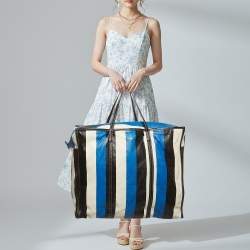 Pre Owned Balenciaga Bazar XL Tricolor Striped Leather Shopper Tote