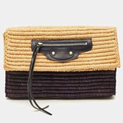 Pre Owned Balenciaga Giant 12 Silver Hardware Beige/Navy Blue Raffia Flap Clutch