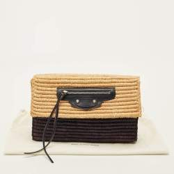 Pre Owned Balenciaga Giant 12 Silver Hardware Beige/Navy Blue Raffia Flap Clutch