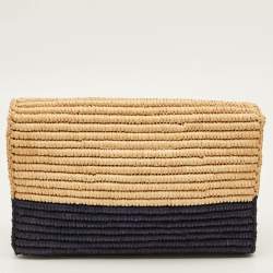 Pre Owned Balenciaga Giant 12 Silver Hardware Beige/Navy Blue Raffia Flap Clutch