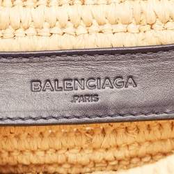 Pre Owned Balenciaga Giant 12 Silver Hardware Beige/Navy Blue Raffia Flap Clutch