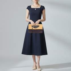 Pre Owned Balenciaga Giant 12 Silver Hardware Beige/Navy Blue Raffia Flap Clutch