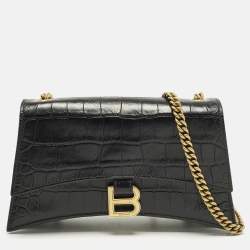 Pre Owned Balenciaga Hourglass Black Croc Embossed Leather Wallet on Chain