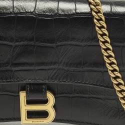 Pre Owned Balenciaga Hourglass Black Croc Embossed Leather Wallet on Chain