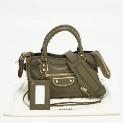 Pre Owned Balenciaga Metallic Edge City Mini Dark Green Leather Tote