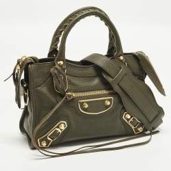 Pre Owned Balenciaga Metallic Edge City Mini Dark Green Leather Tote