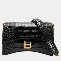 Pre Owned Balenciaga Black Croc Embossed Leather Downtown Crossbody XS