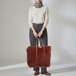 Pre Owned Balenciaga Bazar Medium Brown Shearling and Leather Tote
