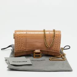 Pre Owned Balenciaga Hourglass Beige Croc Embossed Leather Wallet On Chain