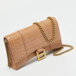 Pre Owned Balenciaga Hourglass Beige Croc Embossed Leather Wallet On Chain