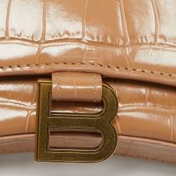 Pre Owned Balenciaga Hourglass Beige Croc Embossed Leather Wallet On Chain