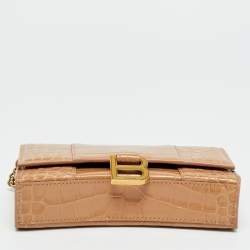 Pre Owned Balenciaga Hourglass Beige Croc Embossed Leather Wallet On Chain
