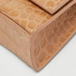 Pre Owned Balenciaga Hourglass Beige Croc Embossed Leather Wallet On Chain