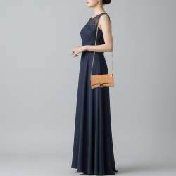 Pre Owned Balenciaga Hourglass Beige Croc Embossed Leather Wallet On Chain