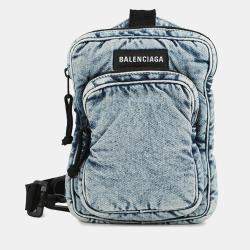 Pre Owned Balenciaga Denim Crossbody Messenger Bag Blue Puffy Denim