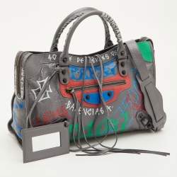 Pre Owned Balenciaga Classic City Grey Leather Graffiti Print Tote