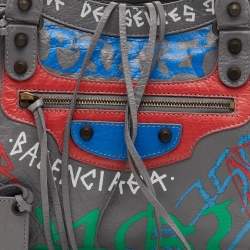 Pre Owned Balenciaga Classic City Grey Leather Graffiti Print Tote