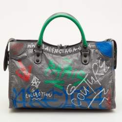 Pre Owned Balenciaga Classic City Grey Leather Graffiti Print Tote