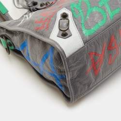 Pre Owned Balenciaga Classic City Grey Leather Graffiti Print Tote