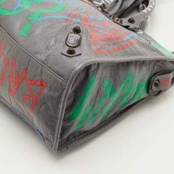 Pre Owned Balenciaga Classic City Grey Leather Graffiti Print Tote