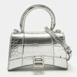 Pre Owned Balenciaga Hourglass XS Silver Croc Embossed Patent Leather Top Handle Bag