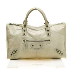 مملوكة مسبقًا  حقيبة يد بالنسياغا ورك معدن نحاس أصفر بارز وجلد زرقاء مخضرة