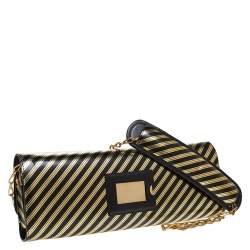 Pre Owned Balenciaga Black/Gold Striped Leather Oversize Chain Clutch