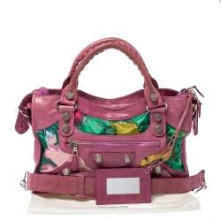 Pre Owned Balenciaga Pink Floral Print Satin and Leather GSH City Bag
