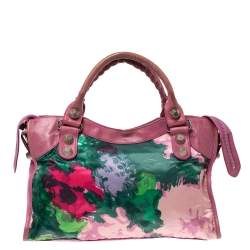 Pre Owned Balenciaga Pink Floral Print Satin and Leather GSH City Bag