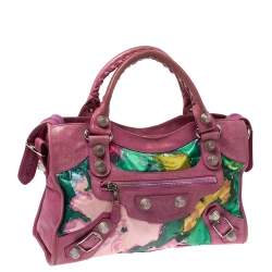 Pre Owned Balenciaga Pink Floral Print Satin and Leather GSH City Bag