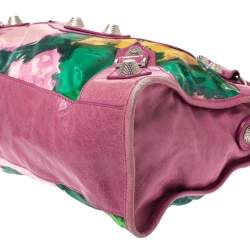 Pre Owned Balenciaga Pink Floral Print Satin and Leather GSH City Bag
