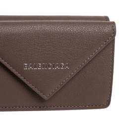 Pre Owned Balenciaga Dark Beige Leather Mini Papier Wallet