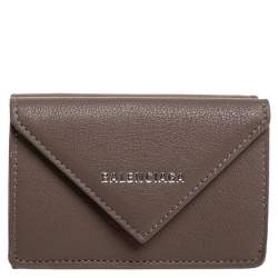 Pre Owned Balenciaga Dark Beige Leather Mini Papier Wallet